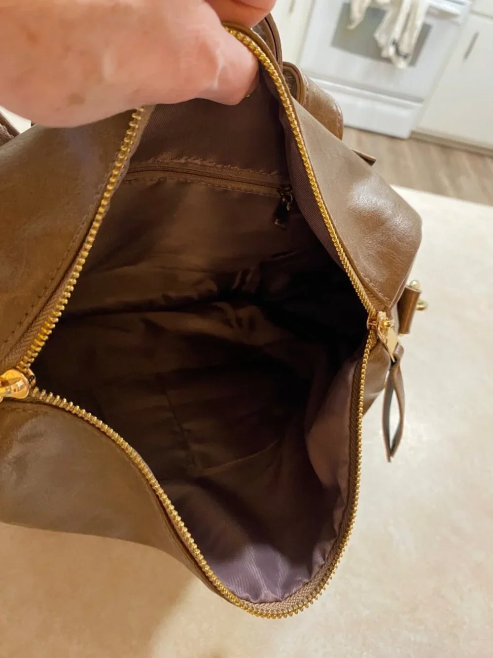 Brown Faux Leather Backpack Purse Colorful Adjustable Guitar Strap Gold Accents